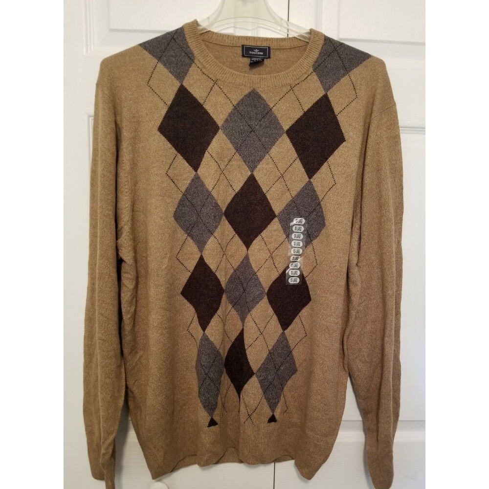 Men's Knit Sweater Argyle Design Long Sleeve Multicolor New Size XXL